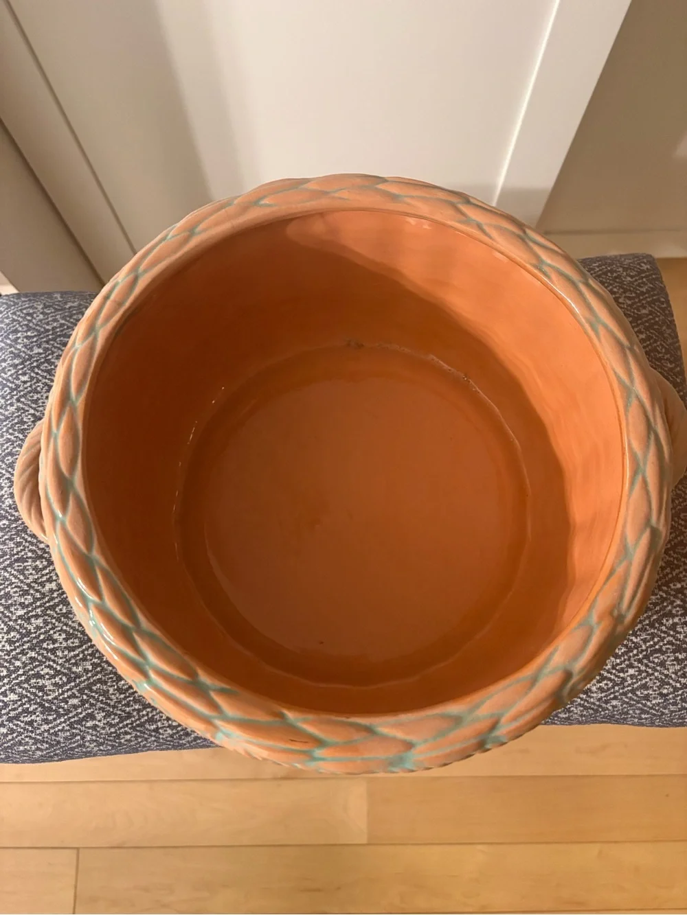 Peach & Aqua Glazed Baking Dish with Basketweave Design